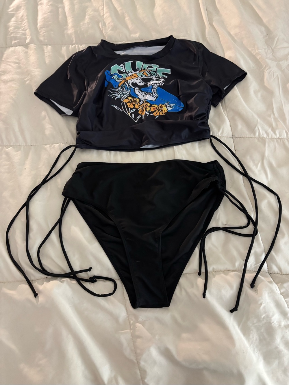 Shein Black Two-Piece Swim Set with Graphic Rash Guard